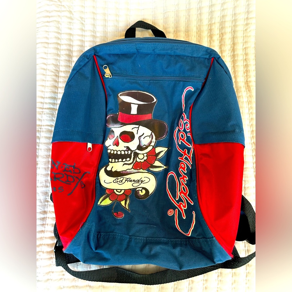 Ed Hardy Designs Backpack Red Blue Skull Top Hat Y2k Carry Loop and Zip Top